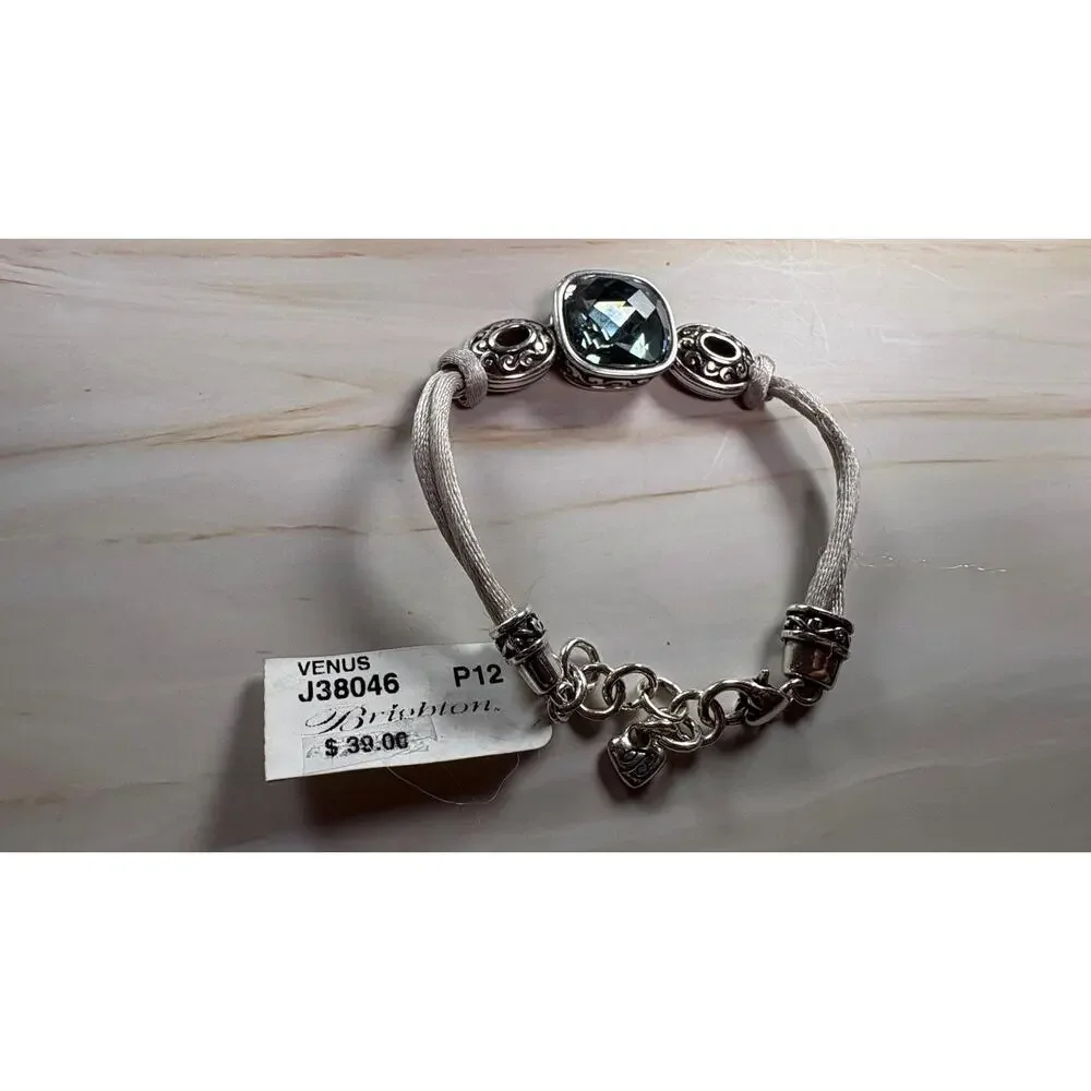 NWT Brighton VENUS Gray Cord Bracelet Crystal Cushion Cut Silver Heart Charm 38